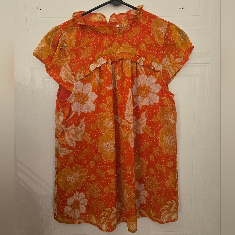 JOIE Small Floral Orange and Yellow Ruffled Short Cap Sleeve Blouse Lining